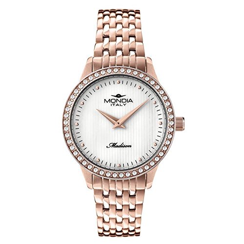 MONDIA Montre Italie - MIYOTA 2025 - CADRAN BLANC MÈRE PERLE AVEC INDEX - LUNETTE AVEC ZIRCON - Bracelet en métal., Bracelet