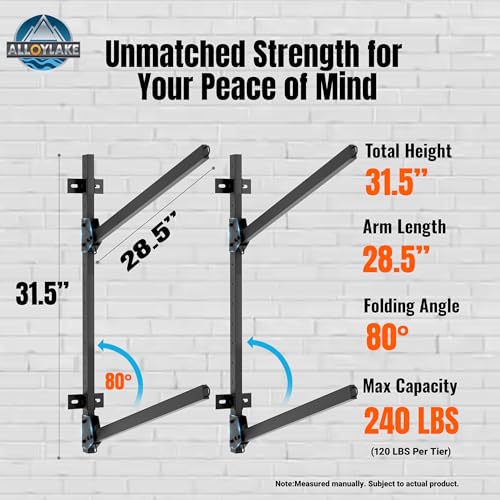 Image of Folding Kayak Wall Rack, 240 lbs Heavy Duty Garage Storage Hanger, 2-Tier Adjustable Mount with 304 Stainless Steel Hardware, Fits Canoe, SUP & Surfboard - Black