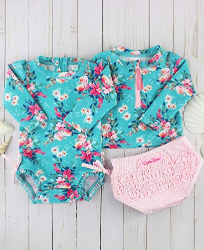 RuffleButts® Baby/Toddler Girls Long Sleeve Rash Guard 2 Piece Swimsuit Set w/UPF 50+ Sun Protection with Zipper2