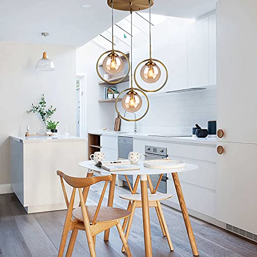 Debbte Industrial Vintage 3-Lights Pendant Lighting Fixture Brass Metal Ring With Glass Globe Lamp Shade Retro Ceiling Hanging Lamp Dining Room Kitchen Island Chandelier (Amber) #TOP4
