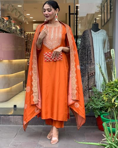 Image of Shiv Textiles Women's Chanderi Silk Embroidered Kurta Pant Dupatta Set(JDA-KRITVA-ORANGE-2XL)