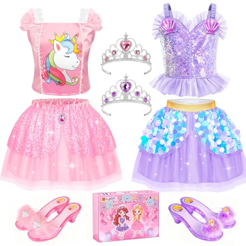 Princess Dress Up CLothes with Princess Shoes, Kids' Dress Up & Pretend Play Costumes for Little Girls, Mermaid & Unicorn Dress Up Toys Set for Toddlers, Christmas Birthday Gifts for 3-6 Role Play