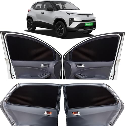 Image of OTO2EYE Car Sun Shade Compatible for Tata Punch EV Model 2024 to 2025, Z-Black Super Magnetic Grip, Front Window Zipper, Side Window Curtains, 4 Pieces Set