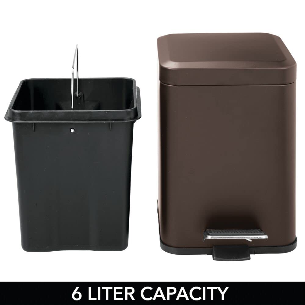 mDesign Slim Metal Square 1.5 Gallon Trash Can with Step Pedal, Easy-Close Lid, Removable Liner - Narrow Wastebasket Garbage Container Bin for Bathroom, Bedroom, Kitchen, Office - Bronze