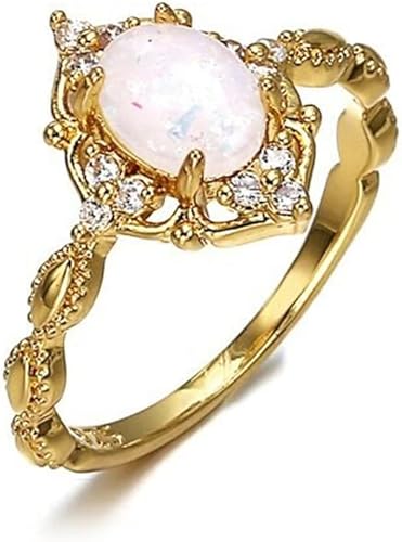 FZO 18K Yellow Gold Plated Oval Shape Opal Ring Solitaire Birthstone Ring Eternity Engagement Wedding Band Ring for Women ST.238