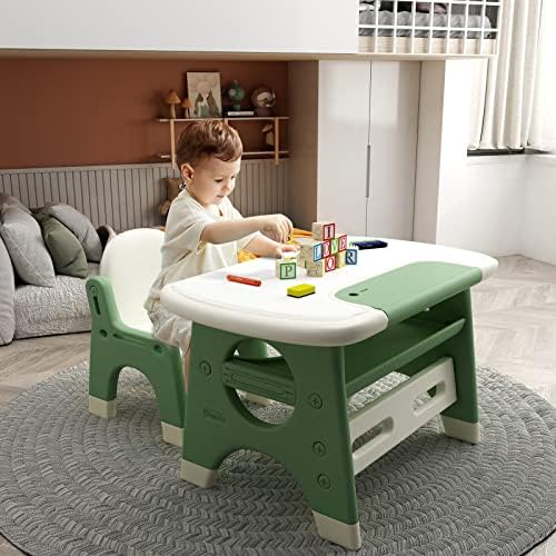 Benarita Kids Drawing Table and Chair Set with Watercolor Pen and Blackboard Eraser, Activity Table with Storage Shelf, Toddler Furniture Set for Drawing Reading Indoor, Gift for Boys Girls Green