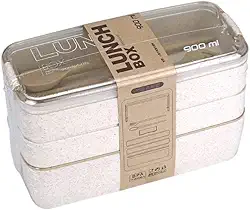 Marmita/Lancheira Japonesa (Bento) Com 3 Compartimentos e Talheres 900ml (Bege)