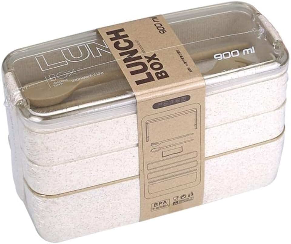 Marmita/Lancheira Japonesa (Bento) Com 3 Compartimentos e Talheres 900ml (Bege)