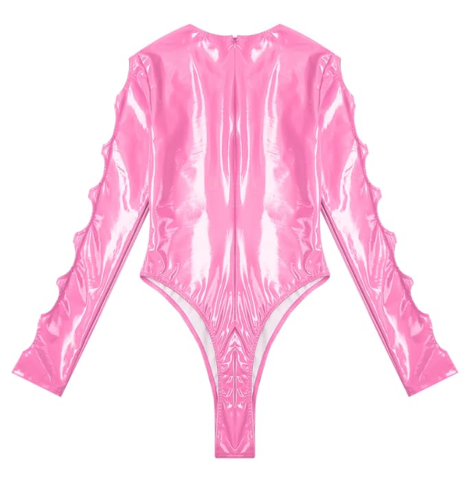 Body da donna in pelle PU a maniche lunghe taglio alto body tuta pole dance rave, abbigliamento da discoteca, rosa, S