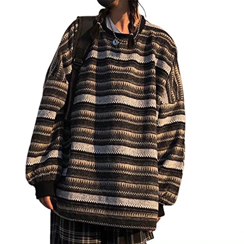 Mujeres Harajuku Suéter a Rayas Cuello Redondo Oversize Estético Retro Rayas Sudadera Pullover Hip Hop Casual Tejido de Manga Larga Tops Streetwear Cover