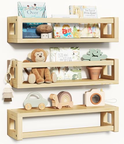 Image of TidyCorner Upgraded Thick Floating Shelves - Multi-Use Wall-Mounted Bookshelves for Kids and Nursery, Ideal for Books, Toys, Spice Rack, Decor - NaturalWood