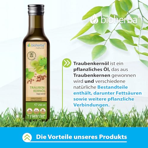 Foto von Traubenkernöl 250 ml – Kaltgepresstes natürliches Öl aus Traubenkernen | Vielseitig für Küche, Haut und Haarpflege | Reines Pflanzenöl von BIOHERBA