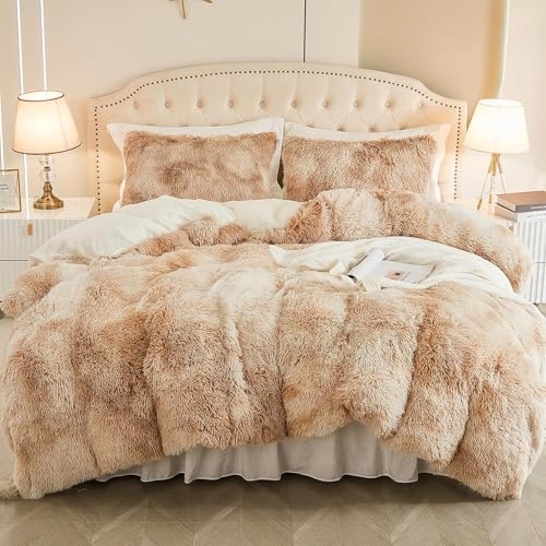 Image of EMME Luxury Khaki Fuzzy Duvet Cover Set Twin Size Fluffy Comforter Cover Set 2 Pieces Shaggy and Plush Soft Bedding Duvet Covers (Tie Dye Khaki, Twin)