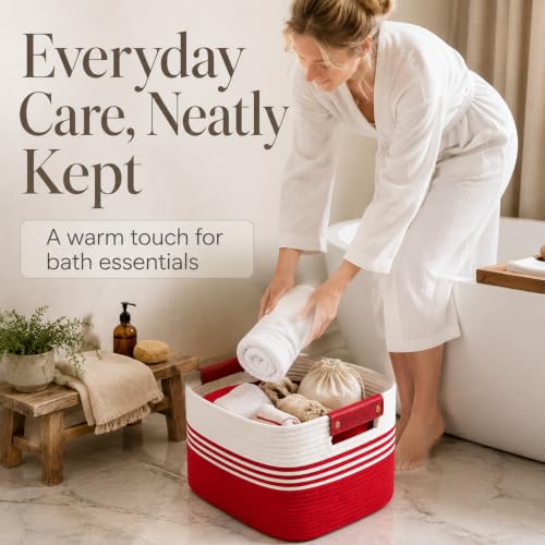 Image of 22.8GAL Extra Large Collapsible Laundry Basket for Dirty Clothes,Shoes, Sturdy Portable Aesthetic Boho Heavy Duty Wicker Hamper for Living Room Thow Pillows Blankets Storage Organizer,White Red