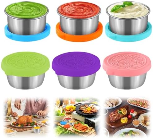 6x1.6/2.4 Oz Condiment Containers with Lids,Salad Dressing Container To Go,Small Reusable Stainless Steel Sauce Containers For Lunch Boxes Picnics Travel Meal Prep Kitchen Storage (6PC-1.6oz)
