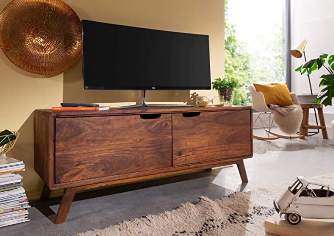 REDWOOD Entertainment TV Unit for Living Room | Furniture Wooden Floor TV Stand/Tv Cabinet with 2 Doors Storage | Solid Wood Sheesham, Brown Finish
