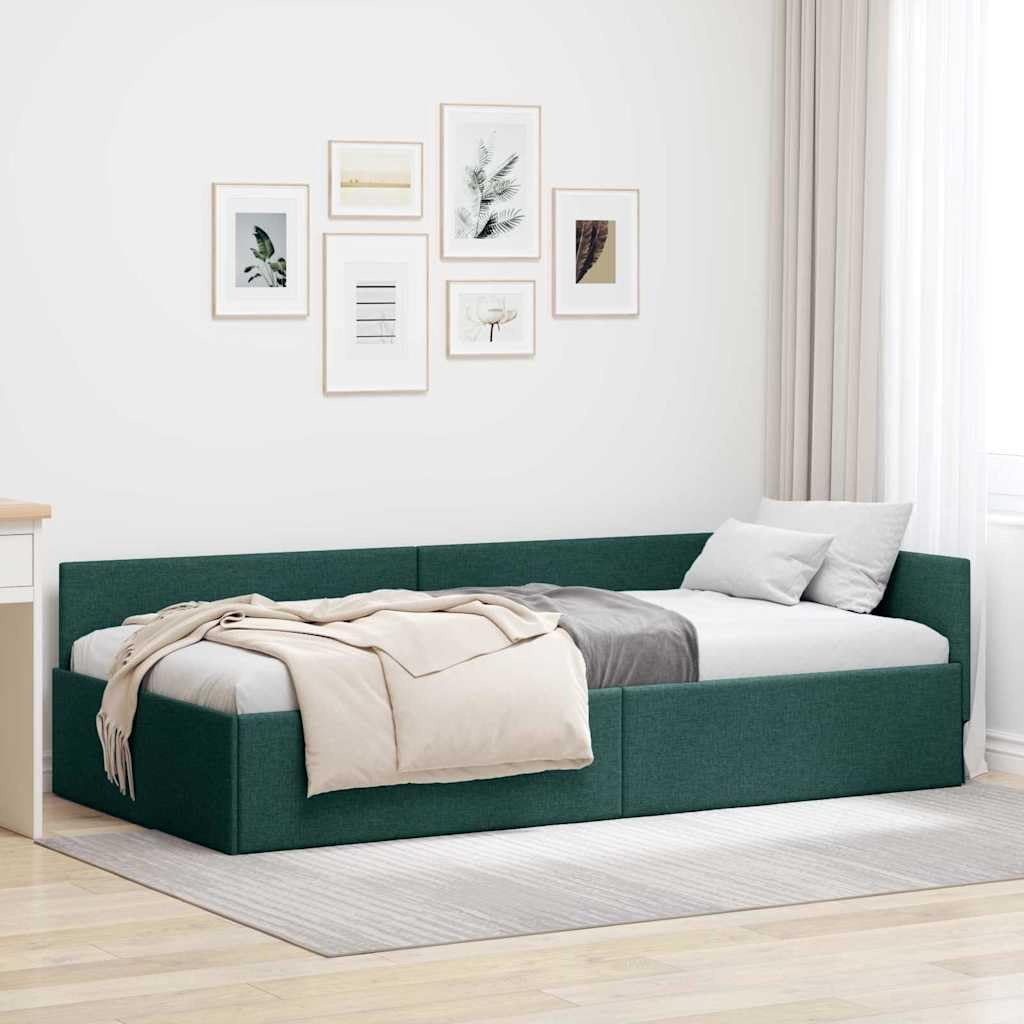 YUTAASU Eckbettgestell mit Kopfteil Dunkelgrün 90x200 cm Stoff | L-Form, platzsparend, Sofa und Bett, Sperrholz, links oder rechts montierbar, pflegeleicht