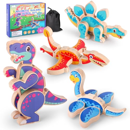 Erdbeeno Dinosaur Building Blocks Toys, Magnetic Wooden Building Blocks with Stem Take Apart Dinos Playset, Promoting Montessori Fine Motor Skills, Great Gift for Kids 3-5 Years Old
