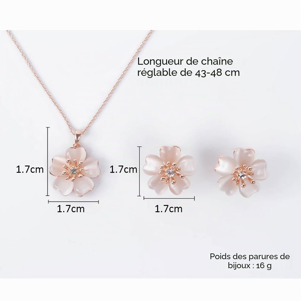 Parure bijoux Sakura délicate collier & boucles d'oreilles cristal œil de chat 4 feuilles & boucles tige trèfle 4 feuilles - Fleur cerisier rose