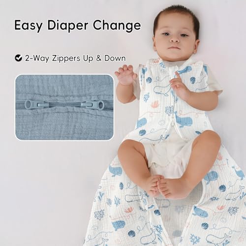 Image of david's kids Muslin Cotton Baby Sleep Sack 0-6 Months, 2 Pack 100% Cotton Sleeping Bag for Summer, TOG 0.5 Baby Wearable Blankets with 2-Way Zipper, Soft Sleep Sacks for Newborn Infant, Whale