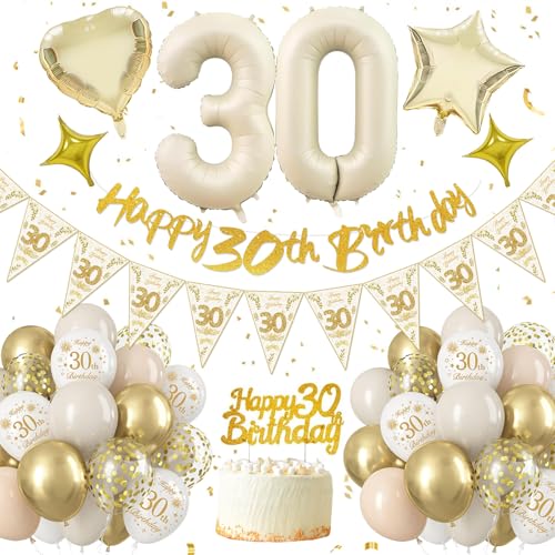 Decoração 30 aniversários mulher e homem, balões 30 aniversários, dourado branco de 30 anos, feliz aniversário faixa balão número 30, balões de alumínio, adorno para bolos, decoração de festa