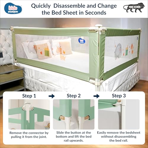 Image of Kids Station 2 Side Basic Bed Rail Guard (6.6ft x 6ft / 200cm x 180cm), Bed Railing for Baby Safety, Kids Toddler Bed Protector Side Walls, Adjustable Height, Portable & Foldable (Green)