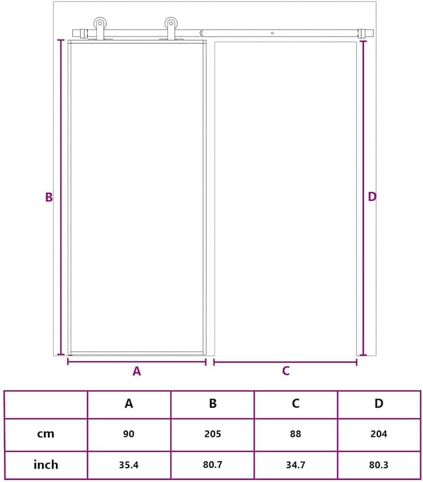 Diagram illustrating the dimensions for installing the sliding door hardware, showing measurements A, B, C, D.