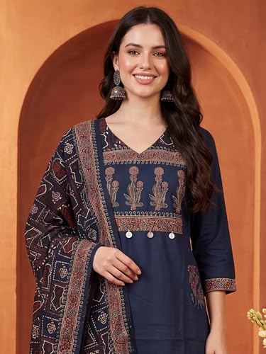 Image of INDO ERA Women's Straight Pure Cotton Floral Self Design Kurta & Pant With Dupatta Set | Kurta Sets For Woman