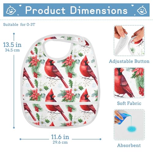 MCHIVER Poinsettia Bird White Baby Bibs for tag1 Waterproof Feeding Bib Apron with Food Cather Adjustable Cotton Food Eating Bib 2 Pack2