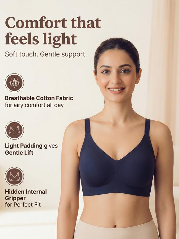 Image of Tweens Cotton Padded Bonded Bra for Women | Full Coverage Wire-Free Bra | Seamless No-Dig Comfort | Breathable Cotton | Elastic-Free Bottom Band & Side Wings | Pack of 1|