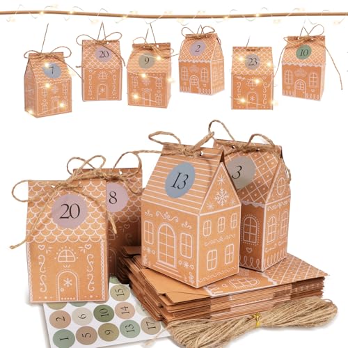 I LOVE MOM Adventskalender Zum Befüllen, 24 Lebkuchenhäuser Boxen zum Selber Befüllen, Enthält Juteschnur, LED-Lichterkette und Zahlenaufkleber, DIY-Weihnachtsdekoration