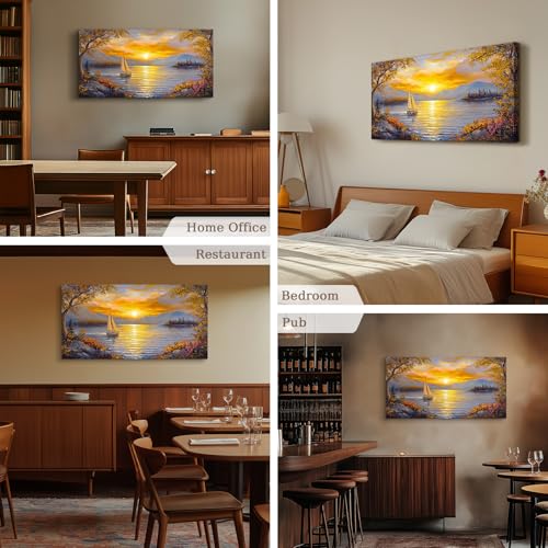 crmotu Sunset Wall Art, Lake Art Wall Decor, Sailboat Wall Art, Mountain Landscape Large Art Prints, Dusk Aesthetic Paintings Wall Decor Living Room Bedroom Kitchen Office Decorations 20x40inch