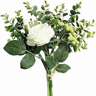 KIRIFLY Artificial Flowers Silk Roses Fake Plants Eucalyptus Leaves Berries Flower Arrangements Wedding Bouquets Decorations Floral Table Centerpieces Plastic Indoor Faux Plants Décor(White)