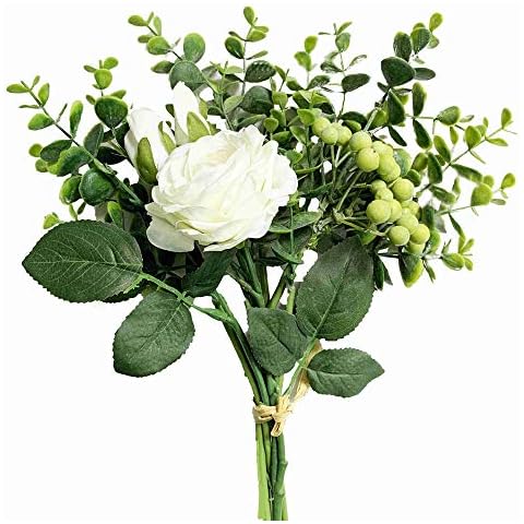KIRIFLY Artificial Flowers Silk Roses Fake Plants Eucalyptus Leaves Berries Flower Arrangements Wedding Bouquets Decorations Floral Table Centerpieces Plastic Indoor Faux Plants Décor(White) Cover