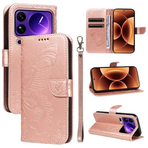 Étui Xiaomi 17 Ultra or rose à motif papillon en cuir avec portefeuille