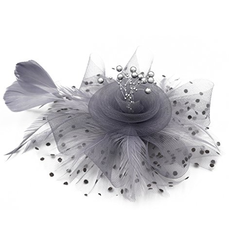 Wheebo Fascinator Hat Flower Feather Mesh Net Veil Party Wedding Headband for Women Girls (A-Gray)