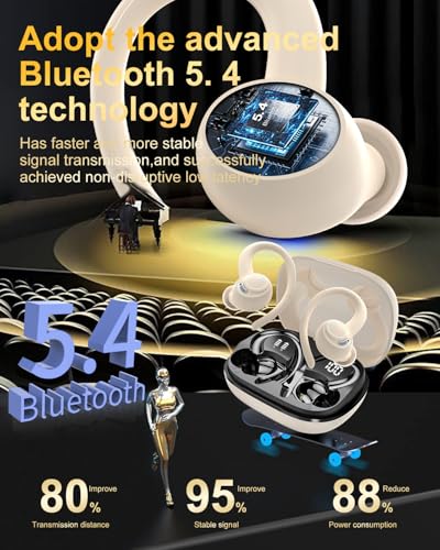 Image of Wireless Earbuds, Bluetooth 5.4 Headphones Sport, Over Ear Buds With ENC Noise Cancelling Mic,48H,Wireless Earphone With Earhooks, Stereo Deep Bass,IP7 Waterproof ear bud for Workout Running,Off White