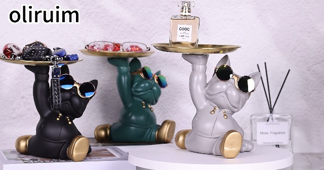 Estatua Bulldog Bandeja Resina Moderna Gris miniatura 7