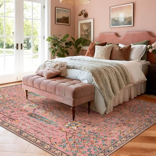 Kokia 8x10 Vintage Floral Botanical Washable Printed Area Rug Rosette Pink