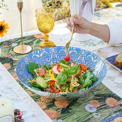 Cuenco de cristal para centros de mesa Sungmor de 12.5 pulgadas y platos de plumas azules 6