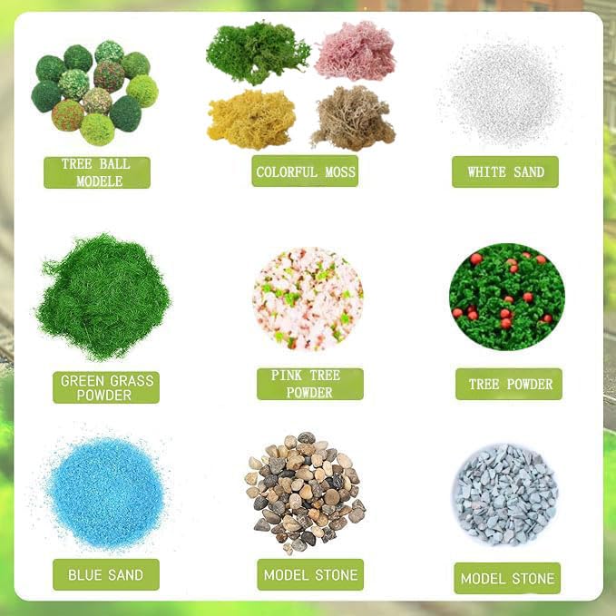 QuarenDen Scenery Basing Material Kit, 12 Bags, Basing Material Kit, Diorama Supplies, Decorative Sand, Stone, Grass, Moss Stick, River for Model Railway, Fairy Garden Diorama Scenery - Image 2