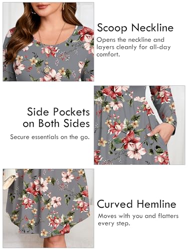 Image of AusLook Women's Plus Size Long Sleeve Midi Dress Casual Empire Waist Loose Flowy Dresses A-Line Boho Long Dress with Pockets