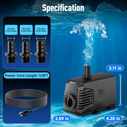 Image of POPOSOAP 880GPH Submersible Water Pump, Water Fountain (85W 3200L /H) with 10.5FT High Lift Adjustable & 3 Nozzles & 16.4FT Cord, Ultra Quiet Aquarium Pump for Pond Fountain Waterfall Hydroponics-Q105