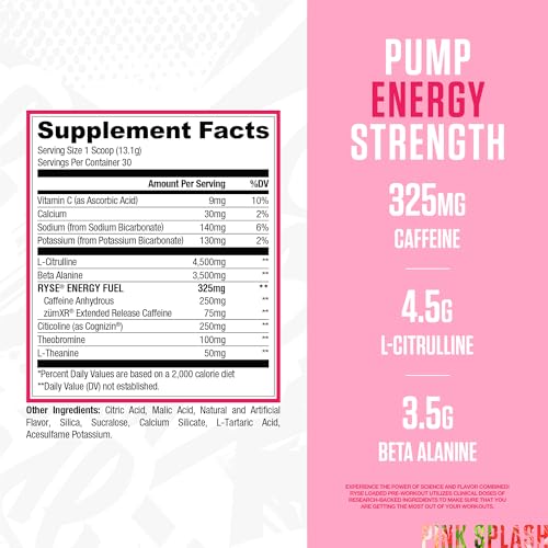 Image of Ryse Loaded Pre Workout Powder - Pink Splash - Daily Pre-Workout for Men & Women with 325mg Caffeine, Beta Alanine, and Citrulline for Pump, Focus, and Energy - 30 Servings
