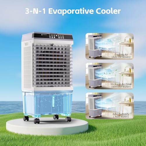 Image of AKIRES 1500CFM Swamp Cooler,Evaporative Air Cooler with 4.7 Gal Water Tank,6 Ice Packs,Evaporative Cooler with 12H Timer,120Oscillation, Windowless Portable Air Conditioners for Indoor,Outdoor