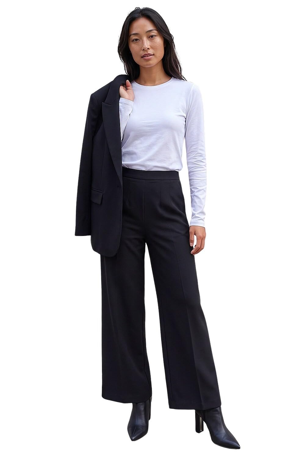 Roman Originals Women's Black Wide Leg Ponte Stretch Trouser For Uk Autumn Everyday Winter Holiday Elasticated Waist Comfy Pocket Detail Soft Jersey Bottoms Office Desk Pants - Size 18