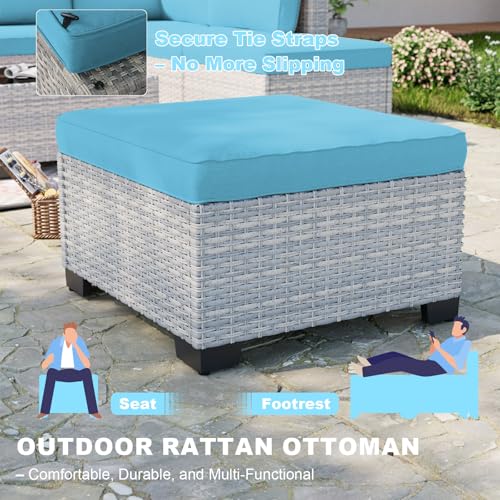 Image of Outdoor PE Wicker Rattan Modular Patio Sectional Sofa Set | 9-Piece: 6 Modular Seats, Coffee Table & 2 Ottomans, Lake Blue