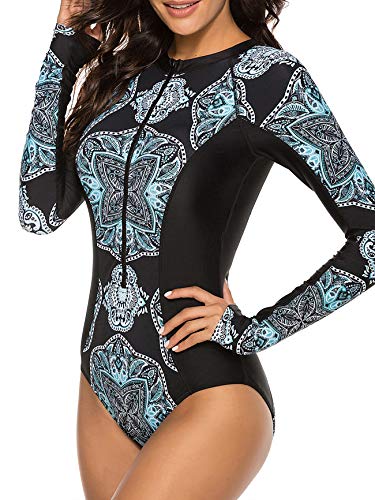 American Trends Womens Long Sleeve Rash Guard UV Protection Zipper Floral Printed Surfing One Piece Swimsuit Bathing Suit Black S