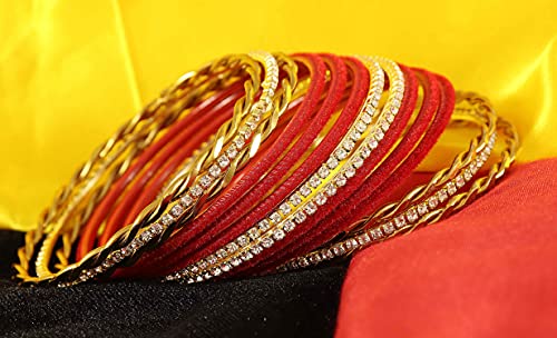 Image of NMII Gold Plated Metal Velvet Bangles Set For Women & Girls with Zircon Gemstone Studded | Traditional Women's Bangles | Designer Gold Bangles | Fashion Jewellery- Set of 28