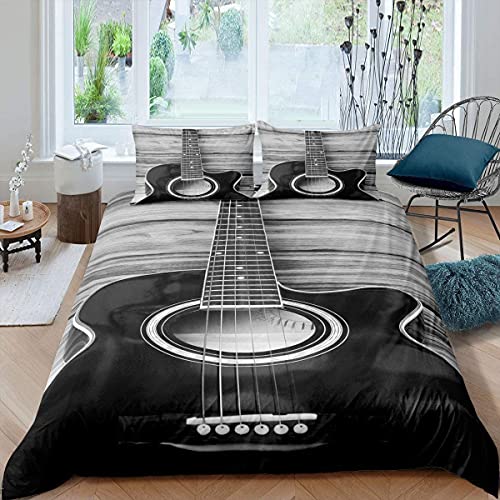 Housse de Couette Guitare L Literie à thème Musical pour Enfants et Guitare Vintage sur Housse de Couette en Bois,2 pièces avec décoration pour Chambre de garçons et 1 taie d'oreiller Gris